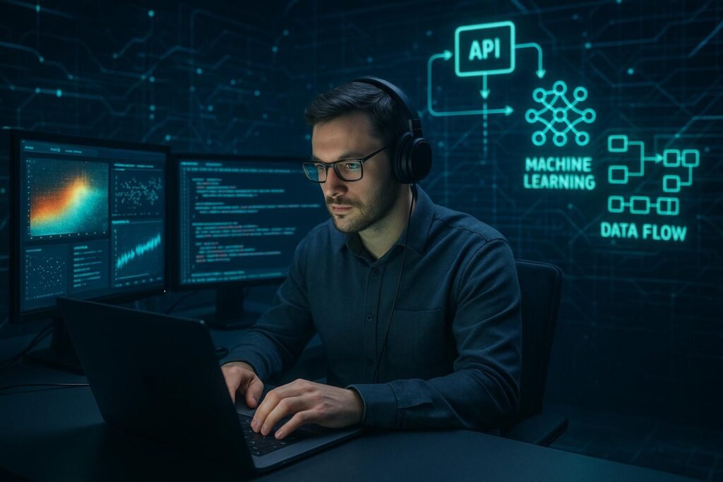 Futuristisches Datenlabor mit Analyst vor holographischen Anzeigen, Monitoren mit Heatmaps, Diagrammen und Code-Streams, umgeben von digitalen Netzwerken im High-Tech Ambiente.