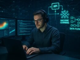 Futuristisches Datenlabor mit Analyst vor holographischen Anzeigen, Monitoren mit Heatmaps, Diagrammen und Code-Streams, umgeben von digitalen Netzwerken im High-Tech Ambiente.