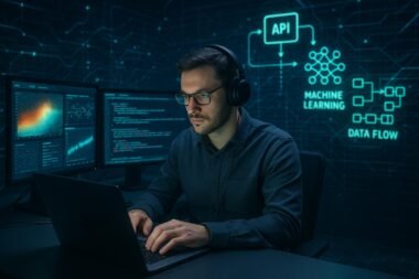 Futuristisches Datenlabor mit Analyst vor holographischen Anzeigen, Monitoren mit Heatmaps, Diagrammen und Code-Streams, umgeben von digitalen Netzwerken im High-Tech Ambiente.