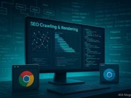 High-Tech Digital Arbeitsplatz mit Monitor, headless Browsern und technischen Visualisierungen zu SEO-Crawlern und Rendering-Prozessen