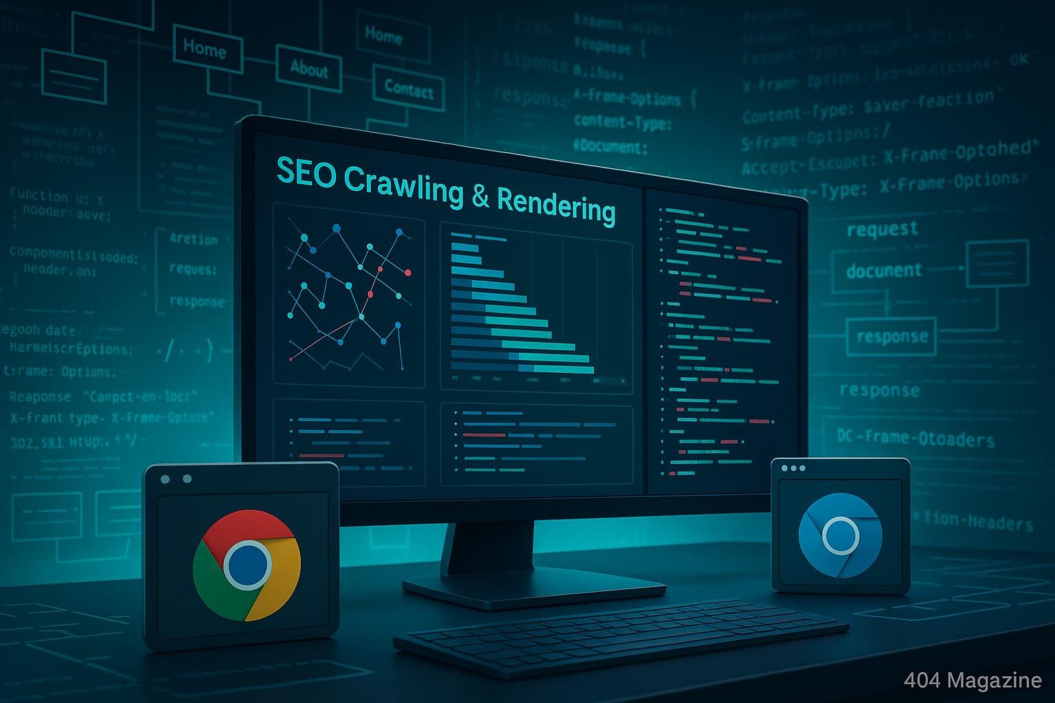 High-Tech Digital Arbeitsplatz mit Monitor, headless Browsern und technischen Visualisierungen zu SEO-Crawlern und Rendering-Prozessen