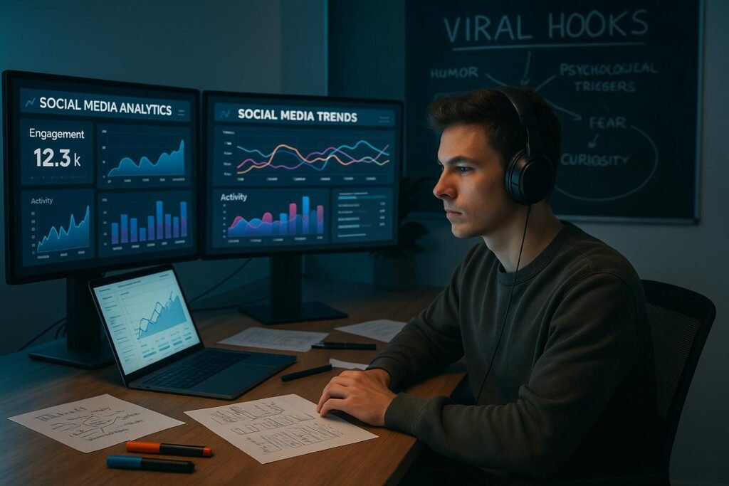 Junger Marketer mit Kopfhörer vor mehreren Bildschirmen, im Hintergrund Skizzen zu viralen Hooks und psychologischen Triggern, umgeben von Notizblättern, Markern und Laptop, modernes Digital-Workspace
