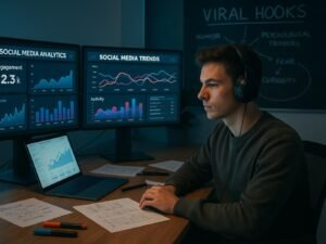 Junger Marketer mit Kopfhörer vor mehreren Bildschirmen, im Hintergrund Skizzen zu viralen Hooks und psychologischen Triggern, umgeben von Notizblättern, Markern und Laptop, modernes Digital-Workspace