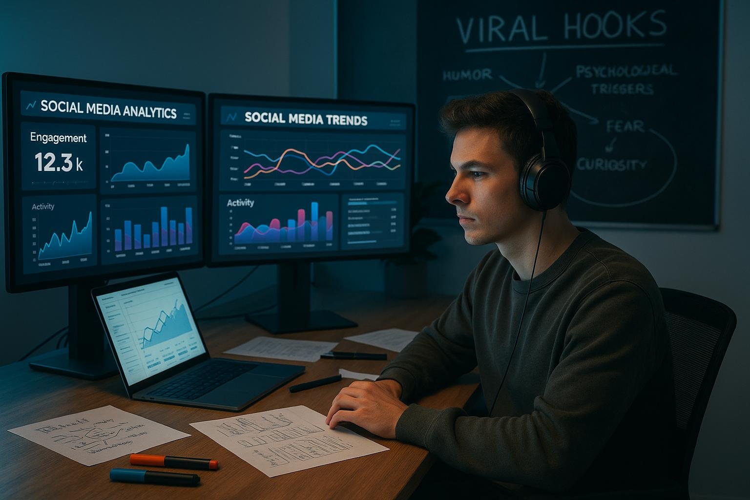 Junger Marketer mit Kopfhörer vor mehreren Bildschirmen, im Hintergrund Skizzen zu viralen Hooks und psychologischen Triggern, umgeben von Notizblättern, Markern und Laptop, modernes Digital-Workspace