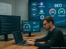 Entwickler arbeitet an einem Laptop in einem modernen Arbeitsumfeld mit mehreren Monitoren, die Code, SEO-Metriken und Leistungsdashboards anzeigen, umgeben von Whiteboards und digitalen Bildschirmen mit Workflow-Diagrammen. Credit: 404 Magazine (Tobias Hager)