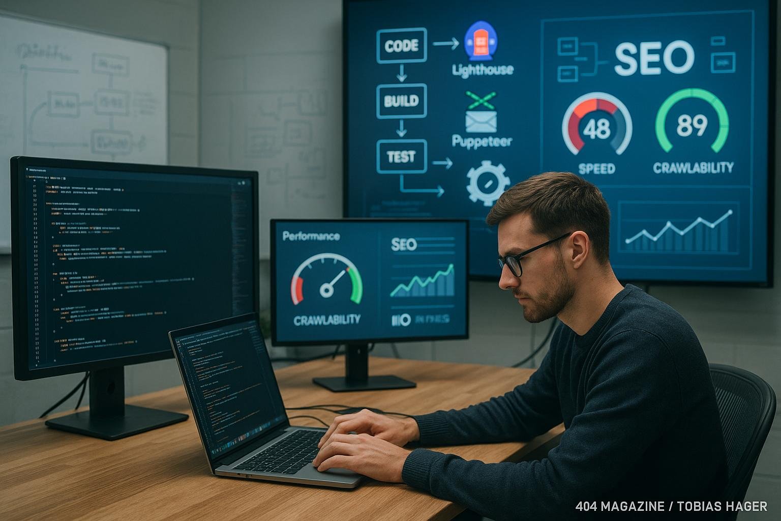 Entwickler arbeitet an einem Laptop in einem modernen Arbeitsumfeld mit mehreren Monitoren, die Code, SEO-Metriken und Leistungsdashboards anzeigen, umgeben von Whiteboards und digitalen Bildschirmen mit Workflow-Diagrammen. Credit: 404 Magazine (Tobias Hager)