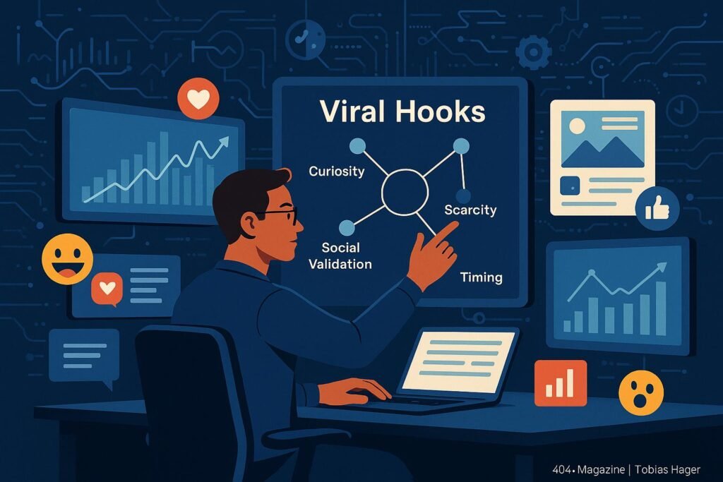 Modernes Social-Media-Büro mit Strategieberater vor digitalem Whiteboard 'Viral Hooks', umgeben von Bildschirmen mit Grafiken, Emojis und Algorithmen, Credit: 404 Magazine (Tobias Hager)