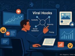 Modernes Social-Media-Büro mit Strategieberater vor digitalem Whiteboard 'Viral Hooks', umgeben von Bildschirmen mit Grafiken, Emojis und Algorithmen, Credit: 404 Magazine (Tobias Hager)