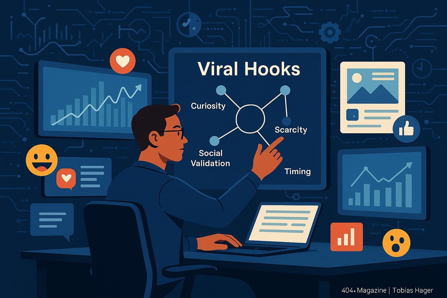 Modernes Social-Media-Büro mit Strategieberater vor digitalem Whiteboard 'Viral Hooks', umgeben von Bildschirmen mit Grafiken, Emojis und Algorithmen, Credit: 404 Magazine (Tobias Hager)