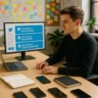 Modernes Büro mit hellem Schreibtisch, Smartphones, Notizbüchern, Laptop und kreativen Pinnwänden im Hintergrund, junge Person arbeitet konzentriert vor einem Bildschirm mit Twitter-Timeline.