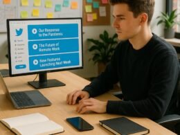 Modernes Büro mit hellem Schreibtisch, Smartphones, Notizbüchern, Laptop und kreativen Pinnwänden im Hintergrund, junge Person arbeitet konzentriert vor einem Bildschirm mit Twitter-Timeline.