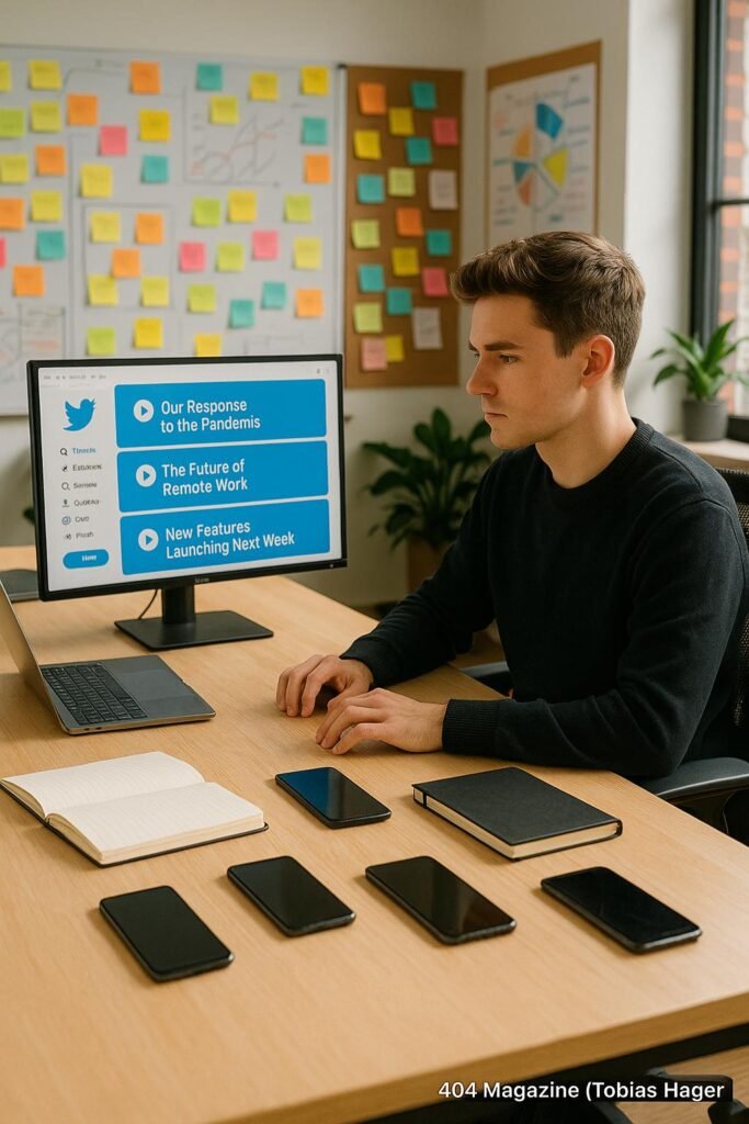 Modernes Büro mit hellem Schreibtisch, Smartphones, Notizbüchern, Laptop und kreativen Pinnwänden im Hintergrund, junge Person arbeitet konzentriert vor einem Bildschirm mit Twitter-Timeline.