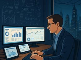 Modernes digitales Arbeitszimmer mit mehreren Bildschirmen, Notizen und Technik, bei Nacht mit leuchtender Skyline im Hintergrund, person in casual Business-Kleidung tippt an der Tastatur