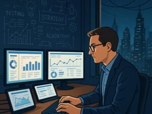 Modernes digitales Arbeitszimmer mit mehreren Bildschirmen, Notizen und Technik, bei Nacht mit leuchtender Skyline im Hintergrund, person in casual Business-Kleidung tippt an der Tastatur