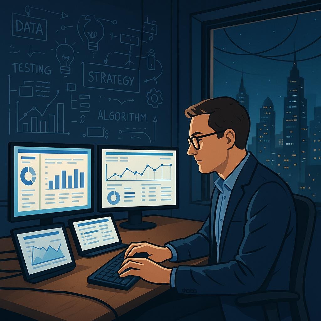Modernes digitales Arbeitszimmer mit mehreren Bildschirmen, Notizen und Technik, bei Nacht mit leuchtender Skyline im Hintergrund, person in casual Business-Kleidung tippt an der Tastatur