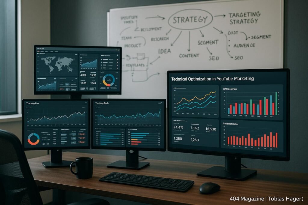 Moderner Arbeitsplatz mit mehreren Monitoren, die KPI-Graphen und Analyse-Tools für YouTube-Marketing zeigen, im Hintergrund Whiteboard mit Strategien. Credit: 404 Magazine (Tobias Hager).