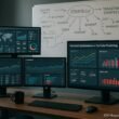 Moderner Arbeitsplatz mit mehreren Monitoren, die KPI-Graphen und Analyse-Tools für YouTube-Marketing zeigen, im Hintergrund Whiteboard mit Strategien. Credit: 404 Magazine (Tobias Hager).
