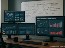 Moderner Arbeitsplatz mit mehreren Monitoren, die KPI-Graphen und Analyse-Tools für YouTube-Marketing zeigen, im Hintergrund Whiteboard mit Strategien. Credit: 404 Magazine (Tobias Hager).