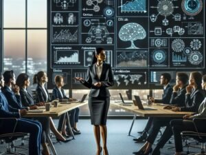 Professionelle Führungskräfte in einem modernen Konferenzraum diskutieren KI-Strategien mit digitaler Unterstützung, John Hager, 404 Magazine