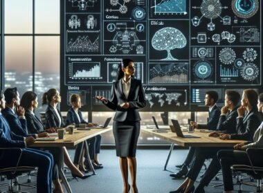 Professionelle Führungskräfte in einem modernen Konferenzraum diskutieren KI-Strategien mit digitaler Unterstützung, John Hager, 404 Magazine