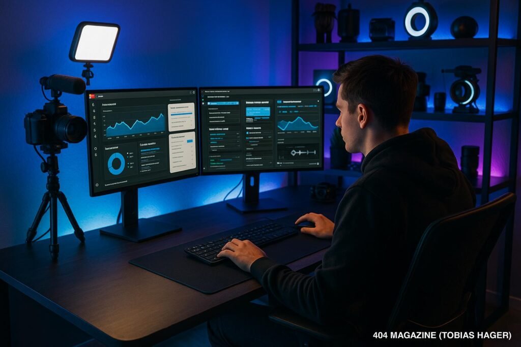 Moderner High-Tech Arbeitsbereich mit Dual-Monitoren, Kamera, Mikrofon und LED-Beleuchtung für YouTube Content-Erstellung