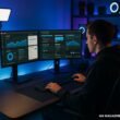 Moderner High-Tech Arbeitsbereich mit Dual-Monitoren, Kamera, Mikrofon und LED-Beleuchtung für YouTube Content-Erstellung