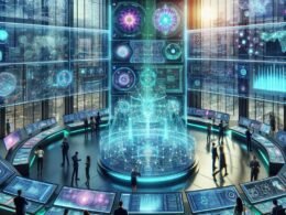 Futuristisches Kontrollzentrum mit digitalen Datenvisualisierungen, holografischen Trendwellen und Fachleuten, die mit Touchscreens interagieren, vor einer Stadtlandschaft im Hintergrund.