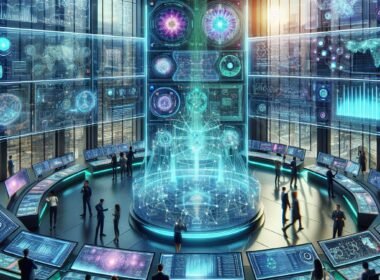 Futuristisches Kontrollzentrum mit digitalen Datenvisualisierungen, holografischen Trendwellen und Fachleuten, die mit Touchscreens interagieren, vor einer Stadtlandschaft im Hintergrund.