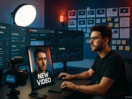 Dynamisches YouTube-Studio mit mehreren Monitoren, Kreativem Content-Creator, Kamera, Lichttechnik und strategischen Planungen