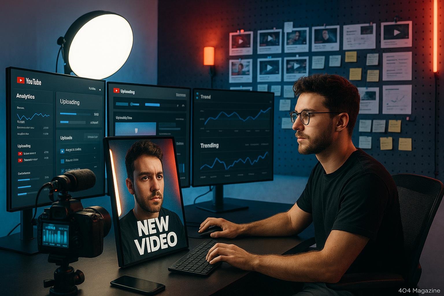 Dynamisches YouTube-Studio mit mehreren Monitoren, Kreativem Content-Creator, Kamera, Lichttechnik und strategischen Planungen