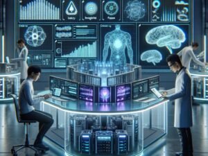 Futuristisches Labor mit transparenten Tischen, digitalem Dashboard und Forschern, die KI-Leistungsmetriken analysieren.