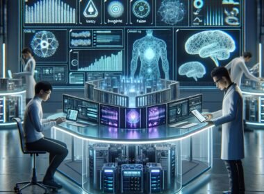 Futuristisches Labor mit transparenten Tischen, digitalem Dashboard und Forschern, die KI-Leistungsmetriken analysieren.
