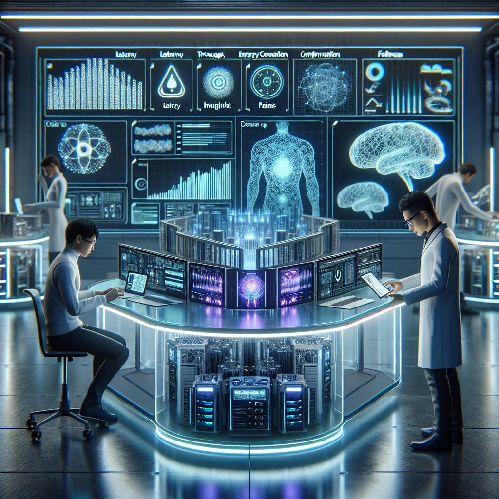 Futuristisches Labor mit transparenten Tischen, digitalem Dashboard und Forschern, die KI-Leistungsmetriken analysieren.