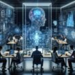 Moderner digitaler Arbeitsplatz mit holografischen Datenpunkten, KI-Diagrammen und Team vor Laptops und Tablets