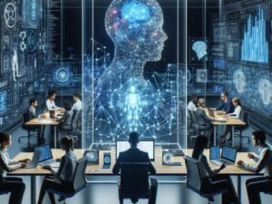 Moderner digitaler Arbeitsplatz mit holografischen Datenpunkten, KI-Diagrammen und Team vor Laptops und Tablets