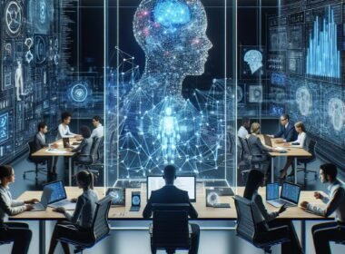 Moderner digitaler Arbeitsplatz mit holografischen Datenpunkten, KI-Diagrammen und Team vor Laptops und Tablets