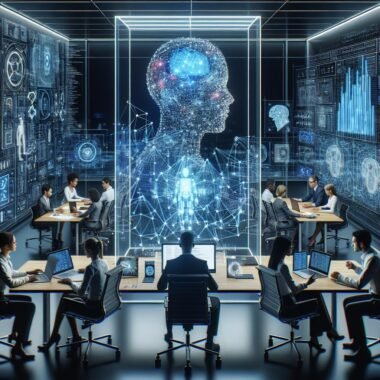 Moderner digitaler Arbeitsplatz mit holografischen Datenpunkten, KI-Diagrammen und Team vor Laptops und Tablets