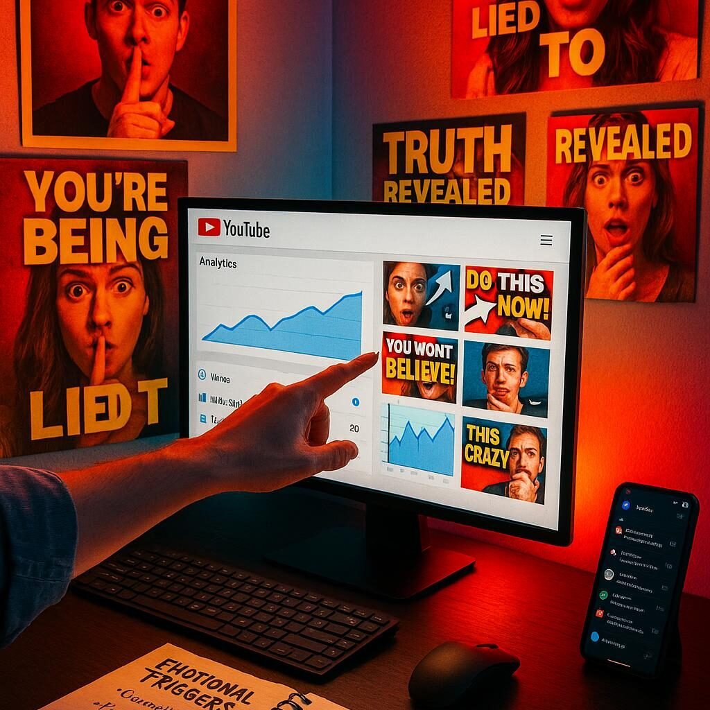 Arbeitsplatz eines YouTube Creators mit Monitor, Analyse-Dashboard, bunten Thumbnails, Notizblock, Smartphone und Strategen, der auf den Bildschirm zeigt, bei lebendigem Licht, für psychologische Manipulation und technische Meisterschaft. Credit: 404 Magazine (Tobias Hager)
