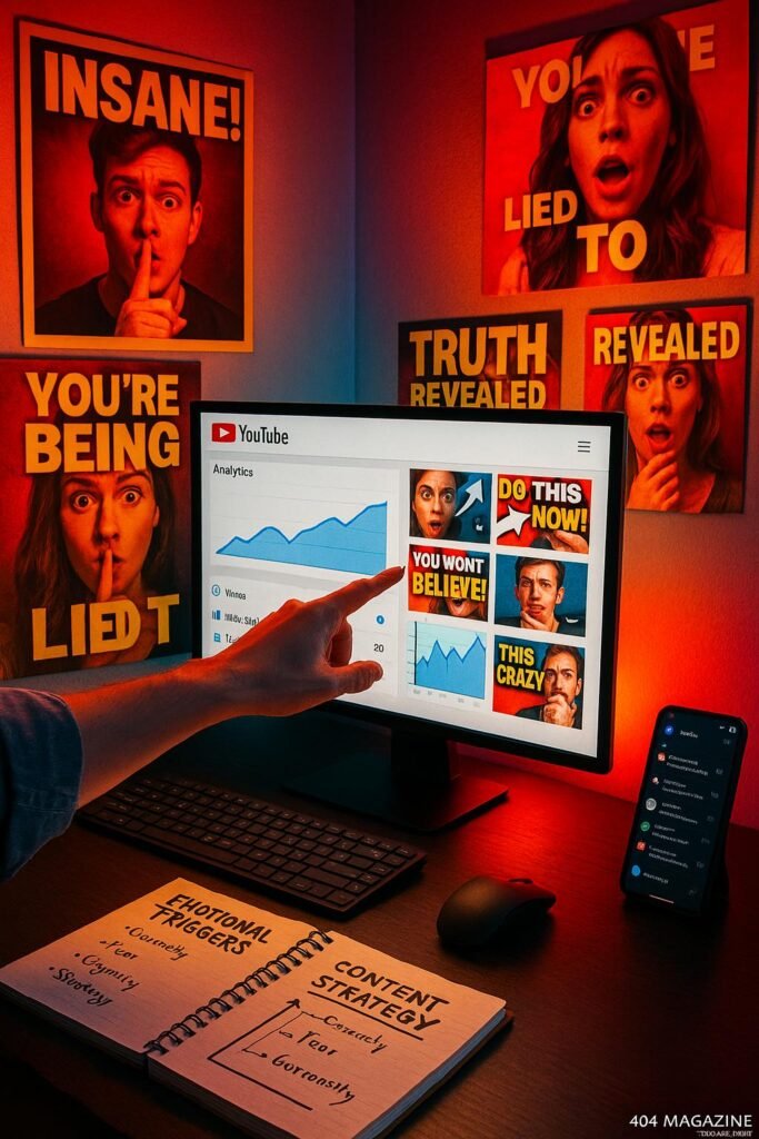 Arbeitsplatz eines YouTube Creators mit Monitor, Analyse-Dashboard, bunten Thumbnails, Notizblock, Smartphone und Strategen, der auf den Bildschirm zeigt, bei lebendigem Licht, für psychologische Manipulation und technische Meisterschaft. Credit: 404 Magazine (Tobias Hager)