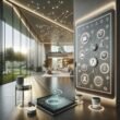 Innenraum eines modernen, vernetzten Smart Homes mit Tablet, Sensoren, Kameras und Blick auf den Garten, gezeigt von Huawei AI Life