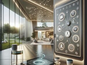Innenraum eines modernen, vernetzten Smart Homes mit Tablet, Sensoren, Kameras und Blick auf den Garten, gezeigt von Huawei AI Life