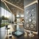 Innenraum eines modernen, vernetzten Smart Homes mit Tablet, Sensoren, Kameras und Blick auf den Garten, gezeigt von Huawei AI Life