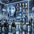 Futuristische digitale Arbeitswelt mit Deepfake-Content, holographischen Interfaces und Teams, die ethische und Sicherheitsfragen diskutieren