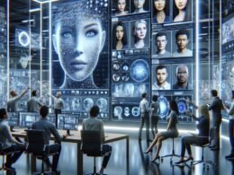 Futuristische digitale Arbeitswelt mit Deepfake-Content, holographischen Interfaces und Teams, die ethische und Sicherheitsfragen diskutieren