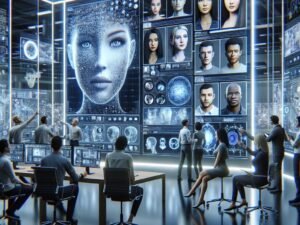 Futuristische digitale Arbeitswelt mit Deepfake-Content, holographischen Interfaces und Teams, die ethische und Sicherheitsfragen diskutieren