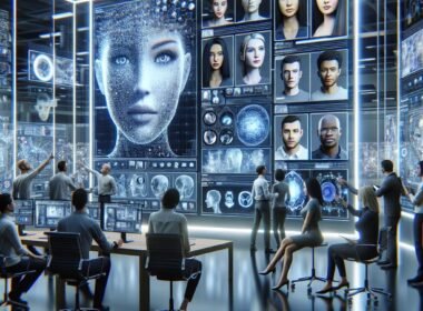 Futuristische digitale Arbeitswelt mit Deepfake-Content, holographischen Interfaces und Teams, die ethische und Sicherheitsfragen diskutieren