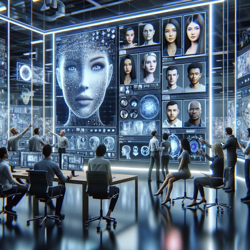 Futuristische digitale Arbeitswelt mit Deepfake-Content, holographischen Interfaces und Teams, die ethische und Sicherheitsfragen diskutieren