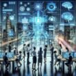 Futuristischer Bürobereich mit digitalen Anzeigen, holographischen Daten und moderner AI-Technologie im Zentrum, im Hintergrund eine futuristische Stadtsilhouette mit Künstlicher Intelligenz Anwendungen, von Genesis AI.