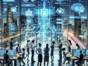 Futuristischer Bürobereich mit digitalen Anzeigen, holographischen Daten und moderner AI-Technologie im Zentrum, im Hintergrund eine futuristische Stadtsilhouette mit Künstlicher Intelligenz Anwendungen, von Genesis AI.