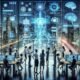 Futuristischer Bürobereich mit digitalen Anzeigen, holographischen Daten und moderner AI-Technologie im Zentrum, im Hintergrund eine futuristische Stadtsilhouette mit Künstlicher Intelligenz Anwendungen, von Genesis AI.